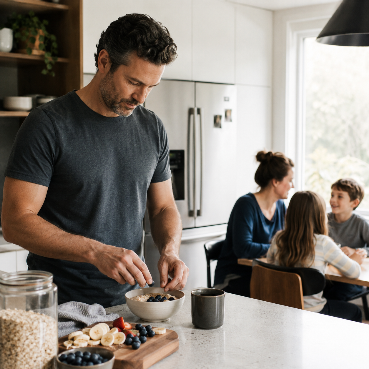 Man preparing breakfast with family — Reason 4