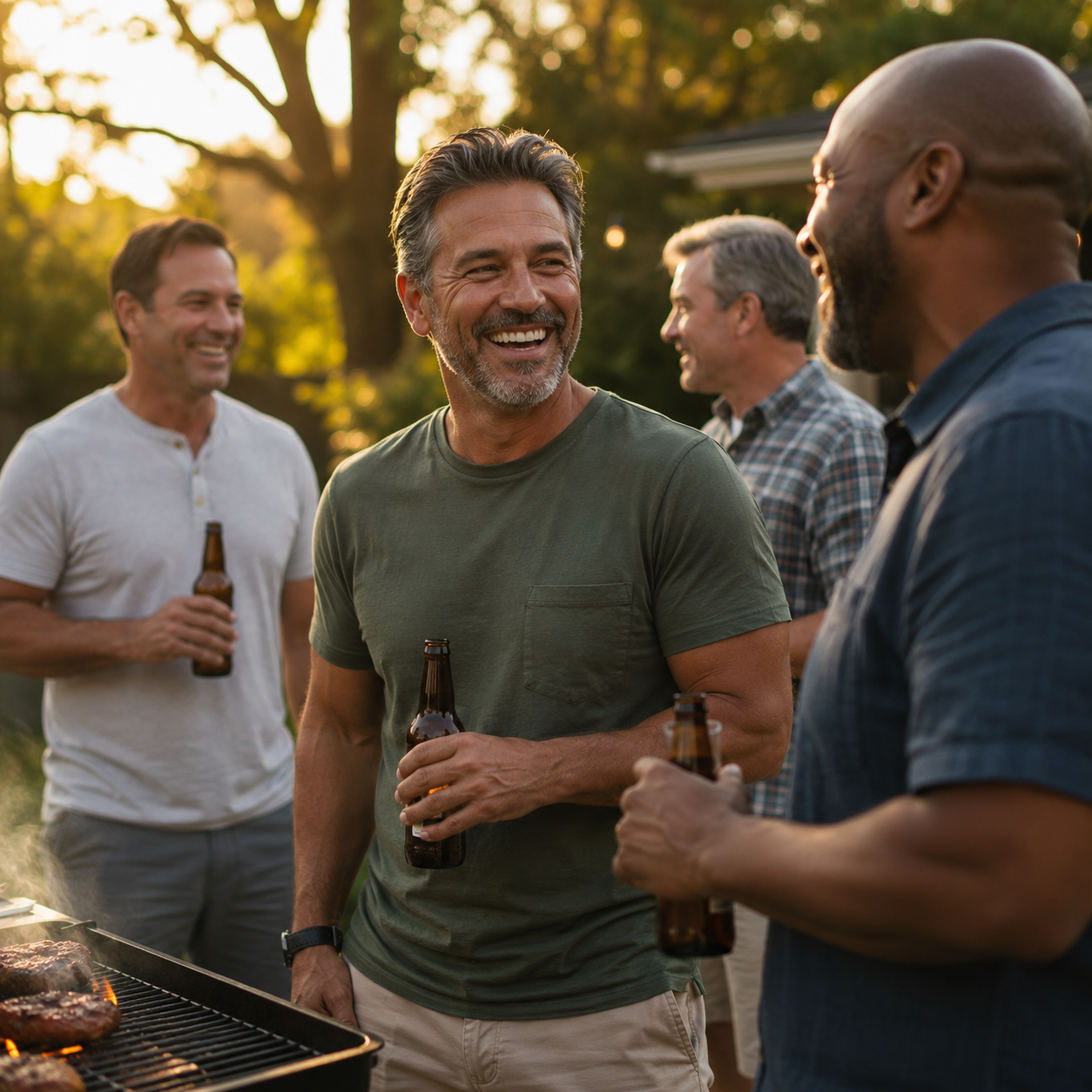 Men laughing at a backyard BBQ — Reason 5